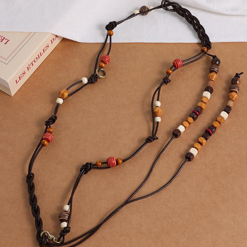 Boho Style Mixed Color Wood Beads Genuine Leather Braided Texture Ethnic Style Handmade Women's Belt Casual Vacation Style Waist Rope