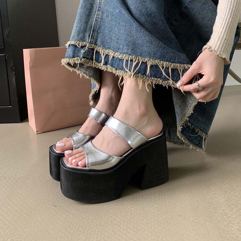 Sandale cu toc pană super înalt de 11 cm, sandale cu înălțime mică, impermeabile, cu talpă groasă tip platformă, din piele lăcuită, pantofi de damă la modă, de celebritate pe internet