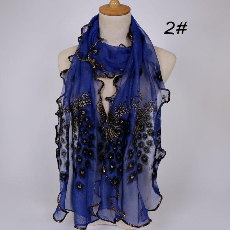 

Женский шарф из кружева с вышивкой в виде павлиньих перьев, длинный мягкий шарф-шаль темно-синий
