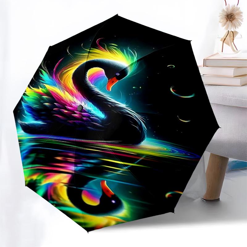 Colorful Swan Automatic Opening/Closing Umbrella with Foldable Design, Iron Frame Outdoor Rain Gear for Fans, Travelers, Daily Use, Festival