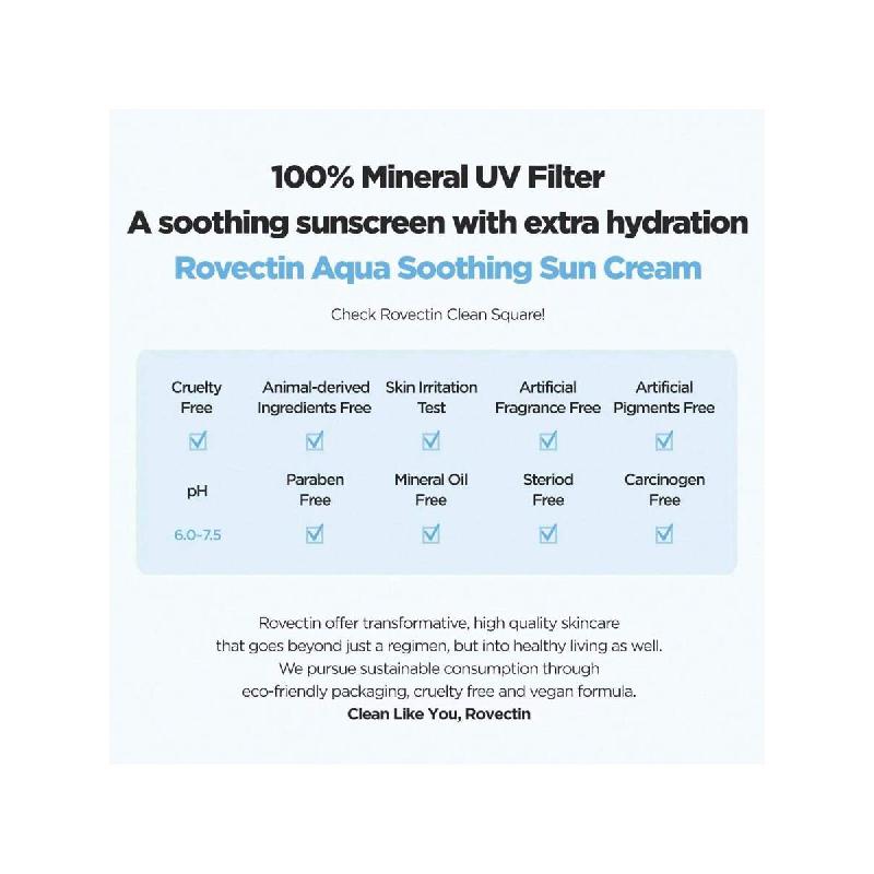Rovectin Aqua Soothing Sun Cream 50ml/ Korean Physical Sunscreen, Hydrating UV Protection With Chickweed & Sunflower For All Skin Types