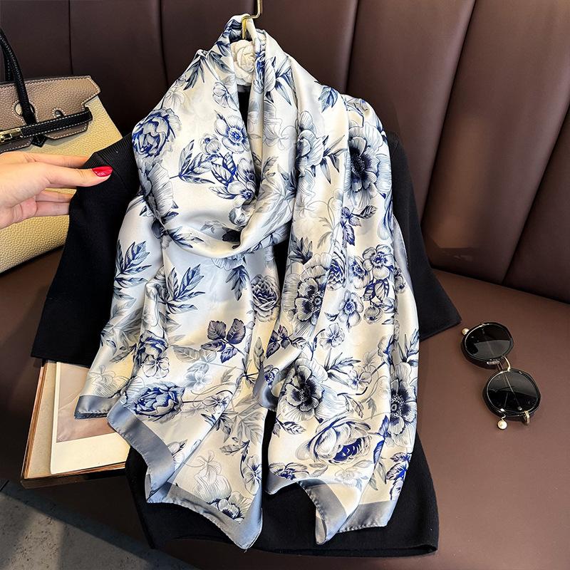 Spring and summer new silk scarves women s new silk satin Chinese style blue and white yarn scarf sunscreen printed silk scarf fashion sense 180*90