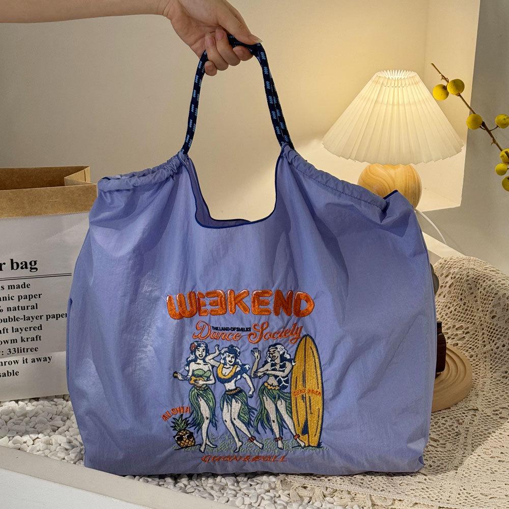 Japanese Style Handmade Waterproof Nylon Canvas Bag with Embroidered Patterns, Large Capacity
