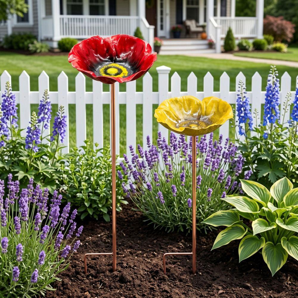Flower Shaped Bird Bath Stand Metal Bird Water Dispenser Bird Bath Bowls Flower Garden Stake Patio