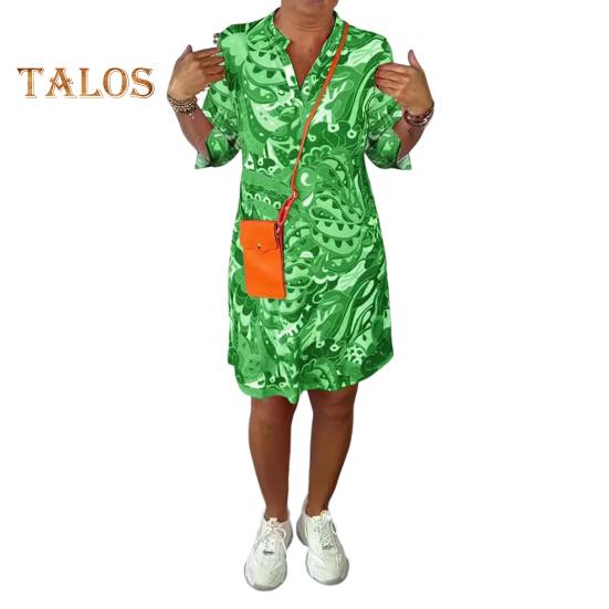 Damenkleid mit V-Ausschnitt, 3/4-Ärmeln, A-Linien-Kleid, leuchtende Farben, bedruckt, knielanges Kleid, Urlaub, Freizeitkleidung