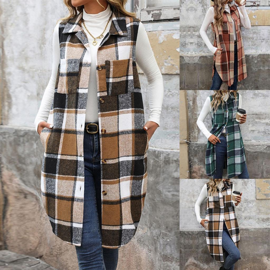 2025 Autumn Vintage British Style Lapel Long Plaid Coat Vest for Office Casual Commute - Women's Fashion Outerwear