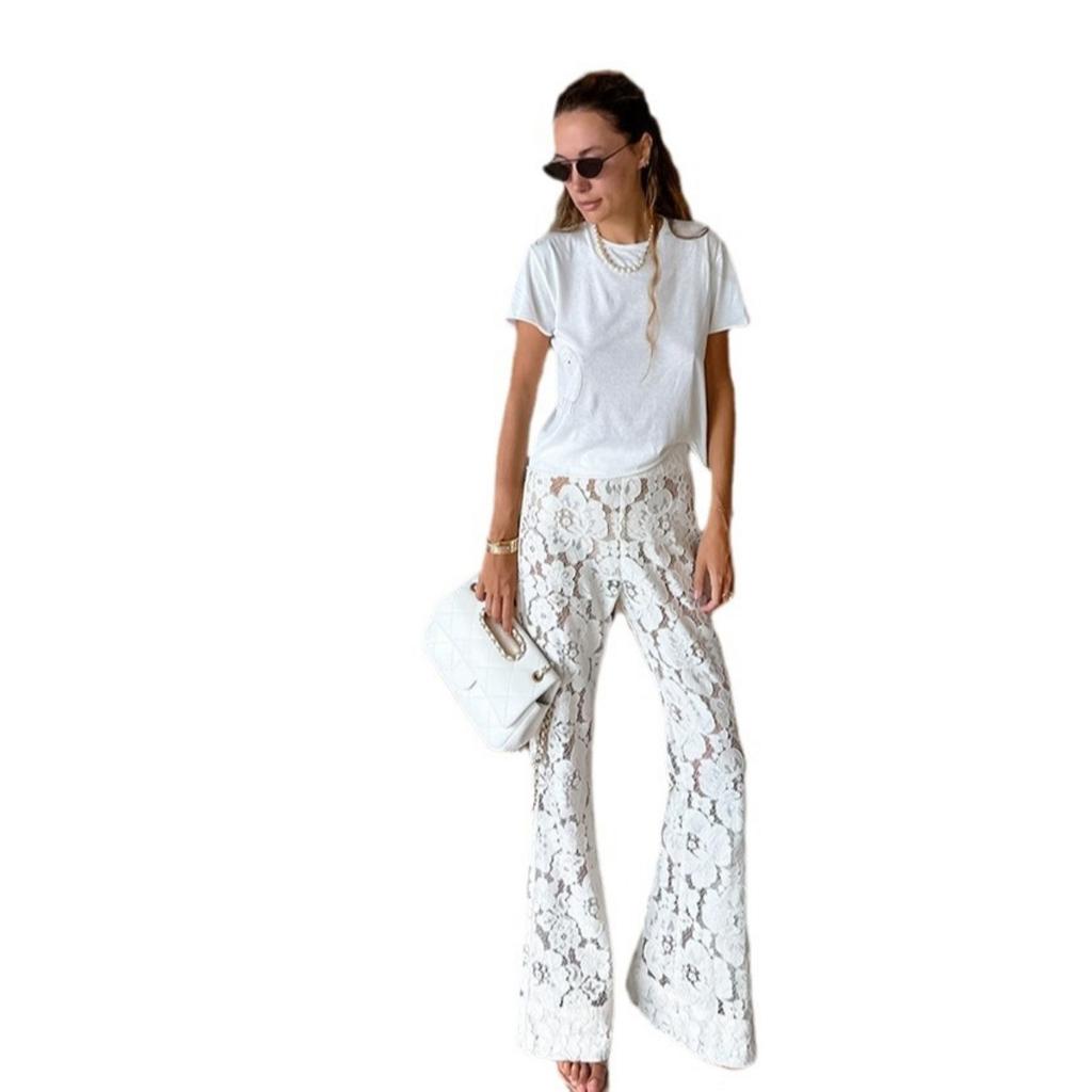 Spring Summer New Women's Jacquard Flared Pants, Lace Flower Hollow Out High Waist Slimming Micro Flared Trousers, European American Style