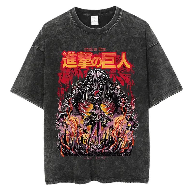Dark Anime Aesthetic Attack On Titan Eren Titan Print Washed T-shirt Loose Casual Streetwear Tee