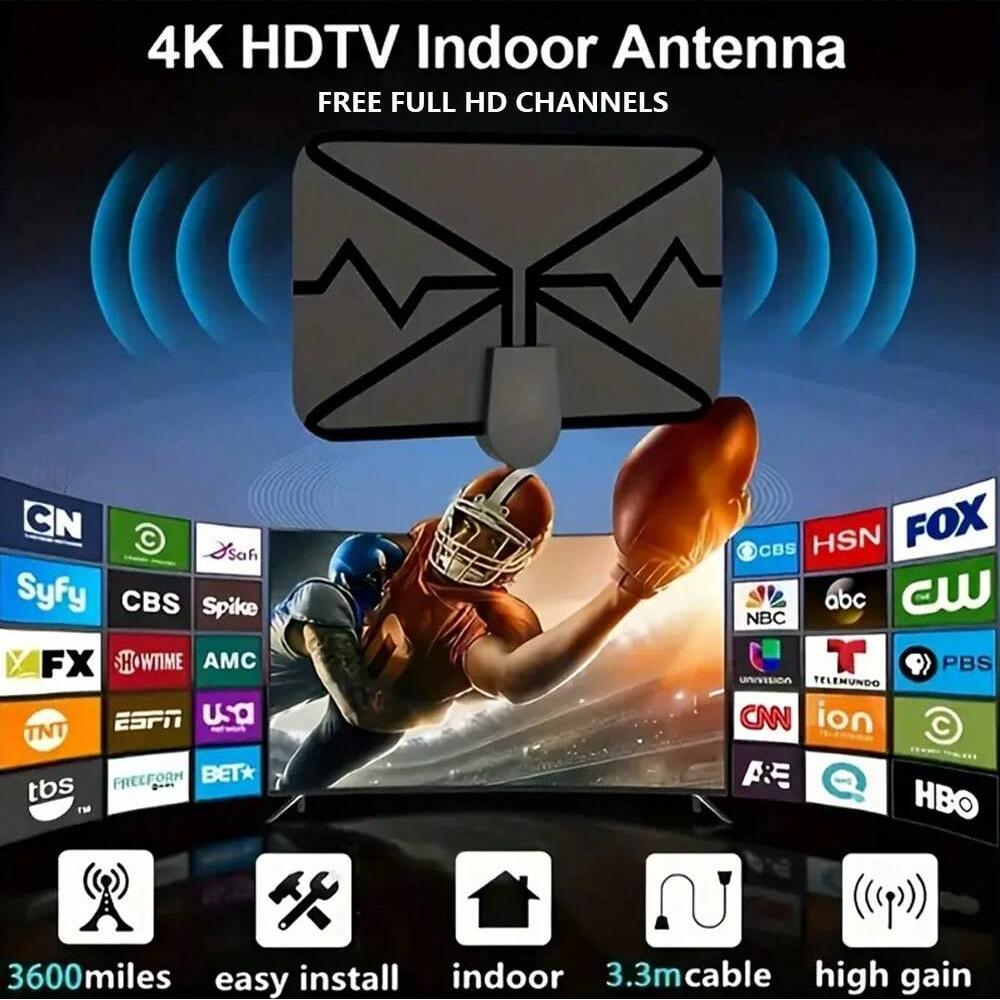 HD Innen-Digital-TV-Antenne mit Verstärker - 5,0 m Koaxialkabel 250 Meilen Reichweite Unterstützt HD- und UHD-Kanäle Unterstützt 4K 1080p