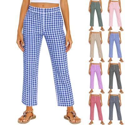 Women's Fashionable Checkered Elastic Waist Straight Leg Casual Pants