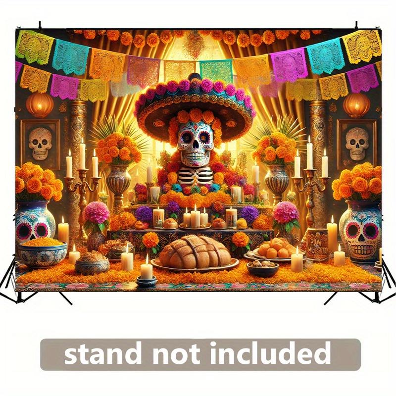 1 Day of the Dead Background Banner - Bright Sugar Skull Altar Design, Durable Polyester, Home Decoration