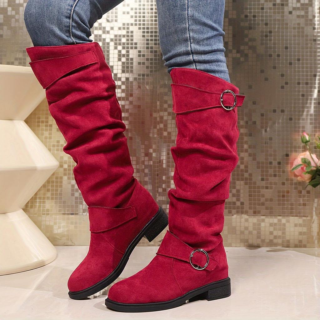 Women'S Solid Color Trendy Boots, Buckle Belt Pull on Heel High Knee Boots, Winter Round Toe Slouchy Boots