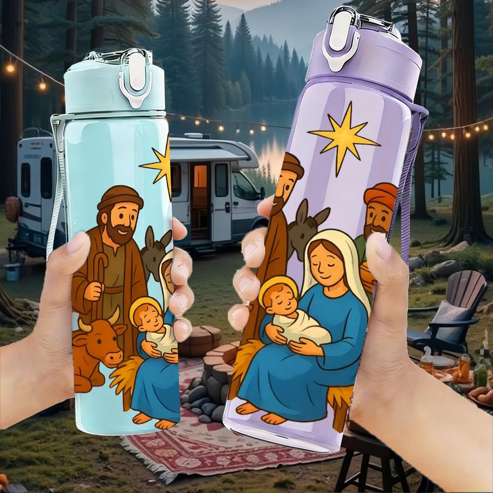 1PC Nativity Scene Holy Family Print 750ml Color Plastic Sports Water Bottle Leakproof Flip Straw Lid Suitable for Sports Office Home Use