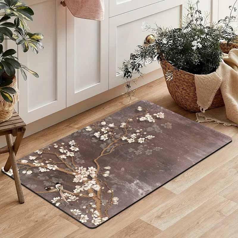 Flowers and Bird Pattern Floor Mat, Non-Slip Wear-Resistant Rug for Kitchen, Living Room, Porch, Balcony, Home Decor