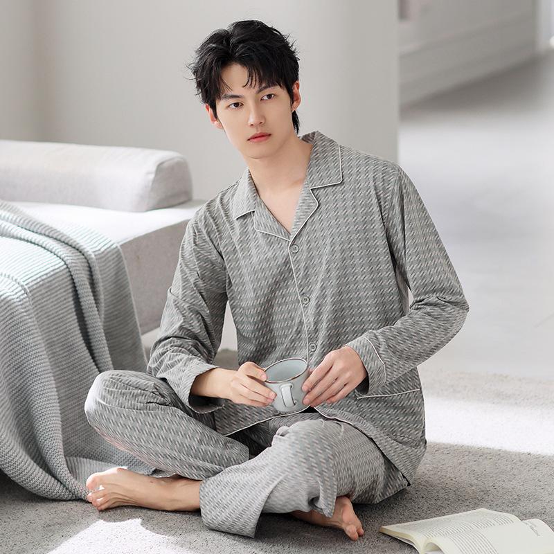 Pajamas Men'S Spring And Autumn Pure Cotton Long-Sleeved Autumn Plaid High-End Sense Can Be Worn Outside Qingzhong Spring Loungewear Suit