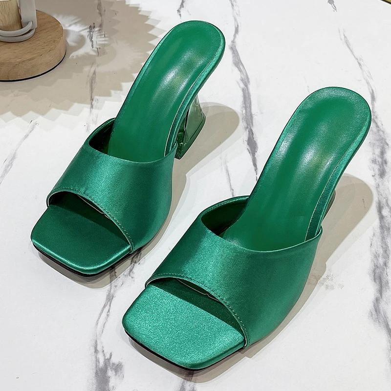 2024 Sommer Damen Grüne Schuhe Transparent Hoher Absatz Bequeme Grüne Sandalen Absätze Luxus Pantoletten Hausschuhe für Damen