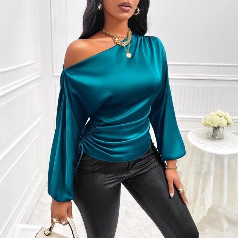 Fashion Elegant Skew Collar Loose Women's Shirts Spring and Summer Long Sleeve Lady Casual Blouses Tops Simple Asymmetric Shirt Female Clothing 26400
