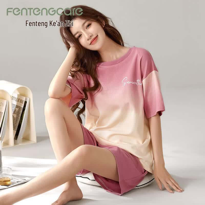 FENTENGCARE Women s Pure Cotton Short Sleeve Short Pants Pajama Set L