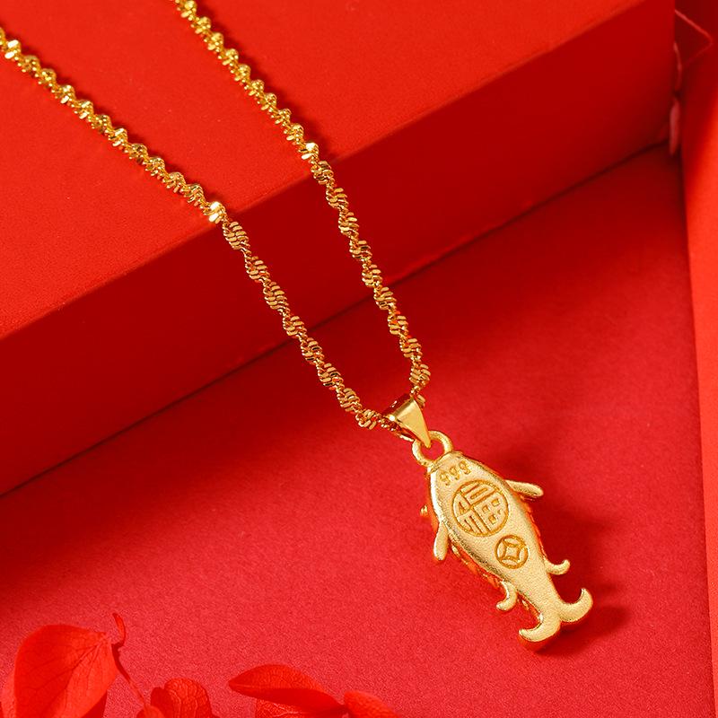 Gold-Plated Double Water Ripple Necklace with Goldfish Pendant - Popular Non-Fading Eastern Jewelry