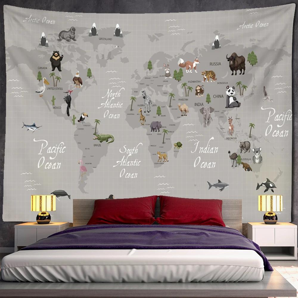 Cartoon Animals Distribution Map Tapestry Wall Hanging Simple Style Cute Hippie Children Kawaii Room Home Decor