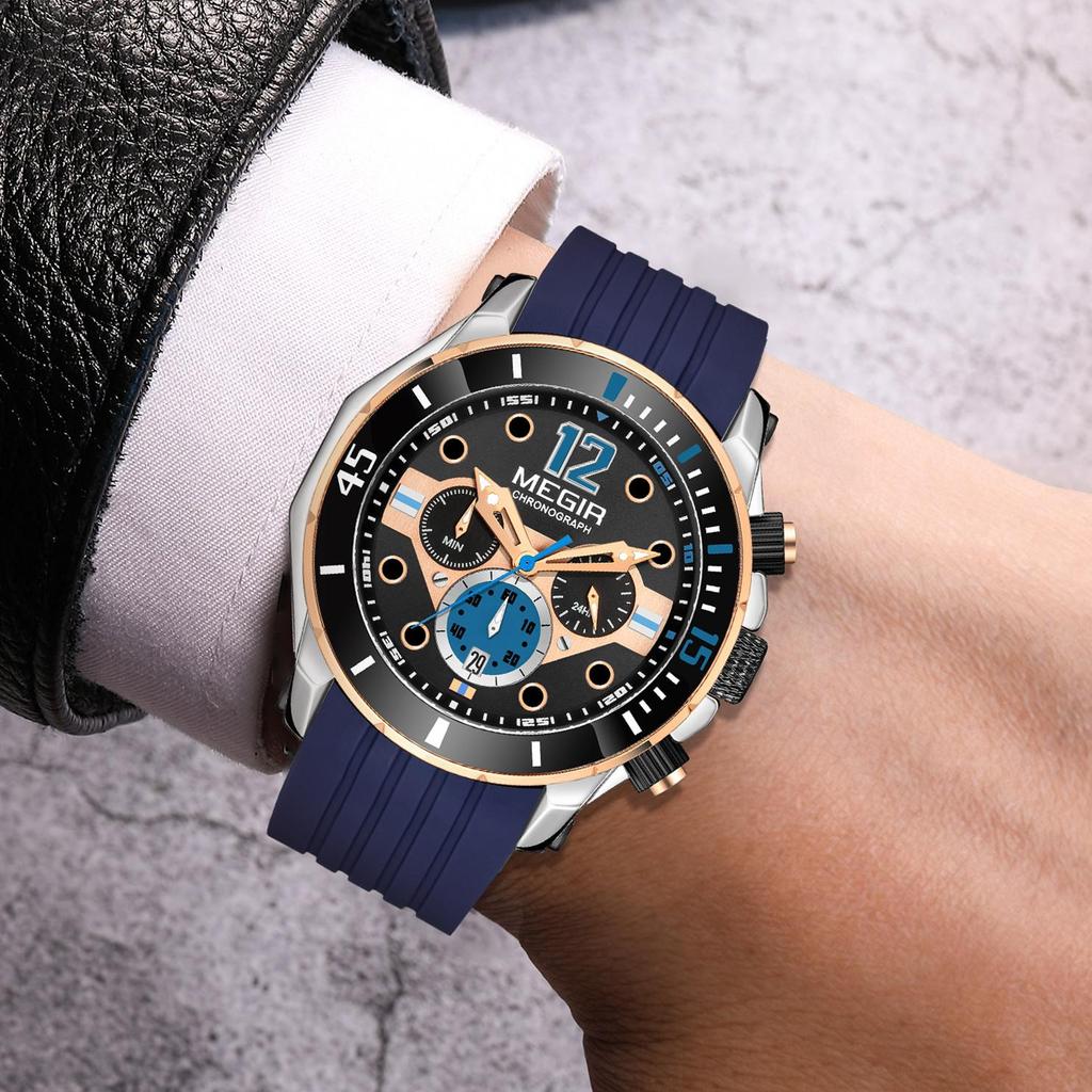 Megir Herren-Business-Arbeits-Analog-Quarz-Armbanduhr mit Edelstahlband, Kalender, Stoppuhr, leuchtend, für die Sammlung
