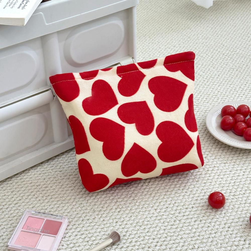 Heart Cosmetic Pouch Handheld Lipstick Storage Case Portable Makeup Bag Fashionable Red Corduroy Makeup Bag For Makeup Daily