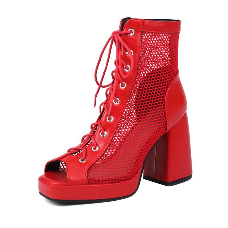 

FOREADA Женские сандалии из сетки с вырезами, с открытым носком, на толстом высоком каблуке, на шнуровке, на платформе, сексуальные, удобные, ботинки для джазовых танцев, женская обувь, лето 46 37 красный