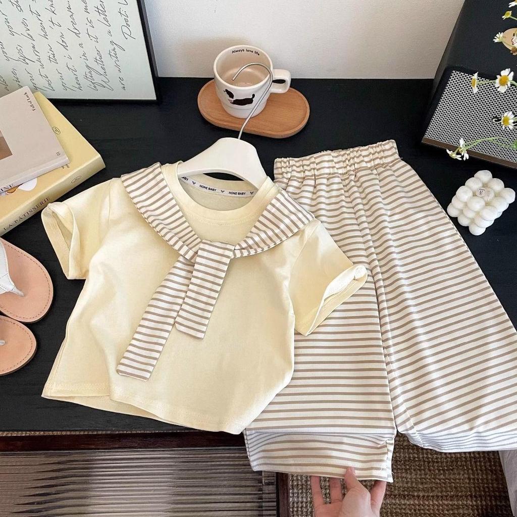 Mädchen Dopamin Gestreifter Schal & Weitbein Hose Set - Sommer 2025 Kollektion