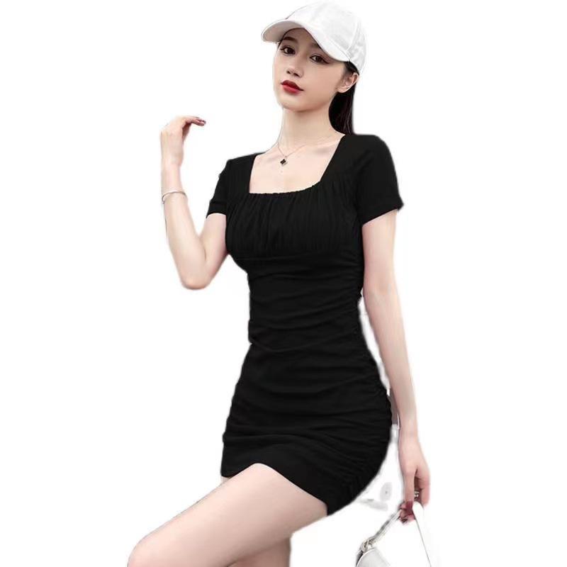 Summer Sexy Square Neck Bodycon Mini Dress - French Goddess Style, Slim Waist, Pleated Design