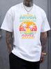 Unisex O Neck Tee Aruba Birthday Palm Sunset Graphic Print Cotton Short Sleeve Loose Summer Breathable Daily Casual Basic Wear Top