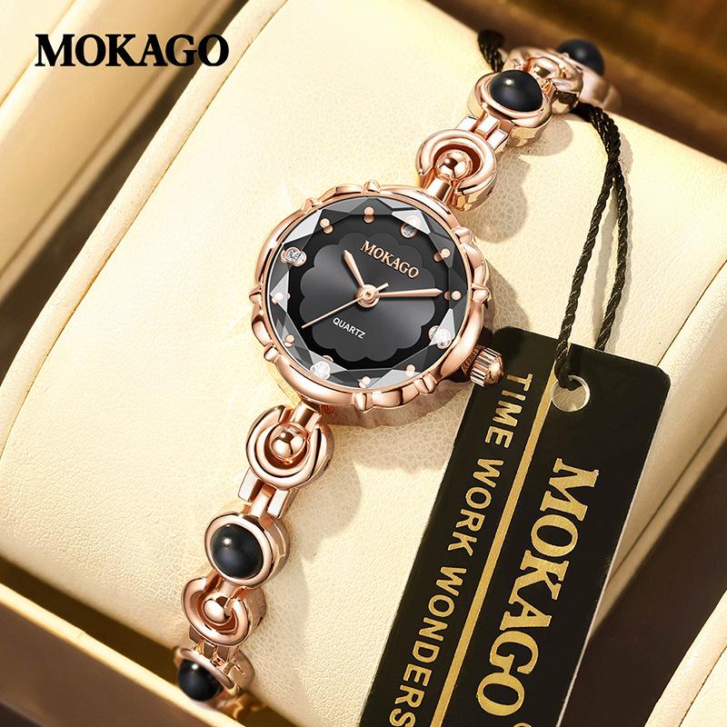 Mokaga Elegant Ladies Quartz Watch: Diamond Inlaid, Three-Hand, Round, Waterproof Retro Bracelet