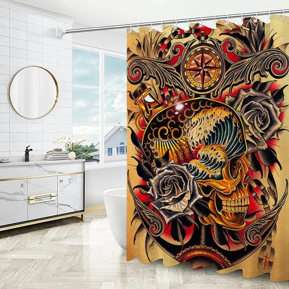 

New School Tattoo Shower Curtain For Bathroom Sets Full Set Folding Partition Curtains Accessories Bath Bedrooms Houses Rooms W60H190(CM)-1 Pcs