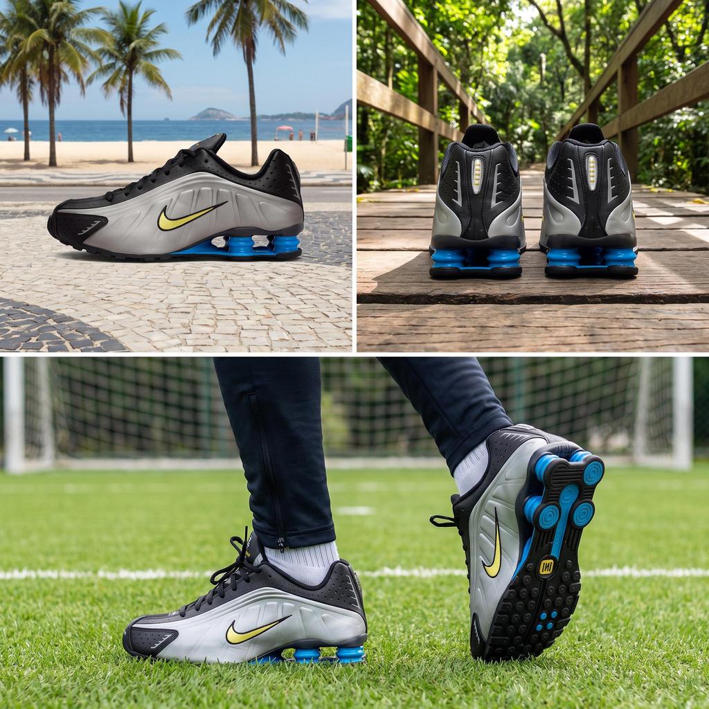 Nike Shox R4 Brazilië Heren Sneakers Zwart Canaray-Metallic-Pewter-Light-Photo-Blue-Wit IO8134-001