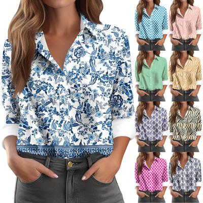 Damen Langarm Geknöpftes Freizeit-Hemd Top mit Blumenmuster