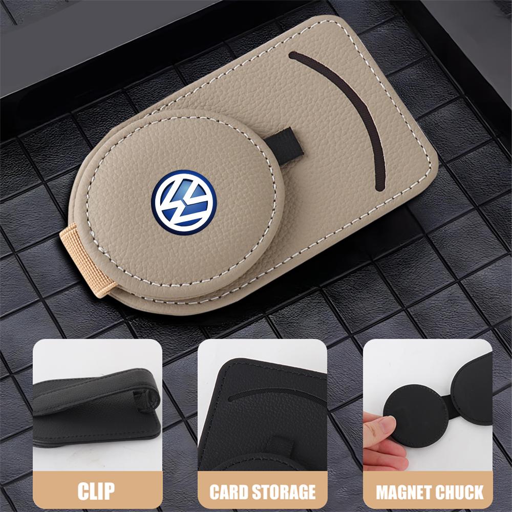 W14-Leather Car Sun Visor Glasses Holder Sunglasses Card Clip For Volkswagen VW R Polo Passat Rline Golf 4 5 6 Tiguan Jetta GTI ID.3