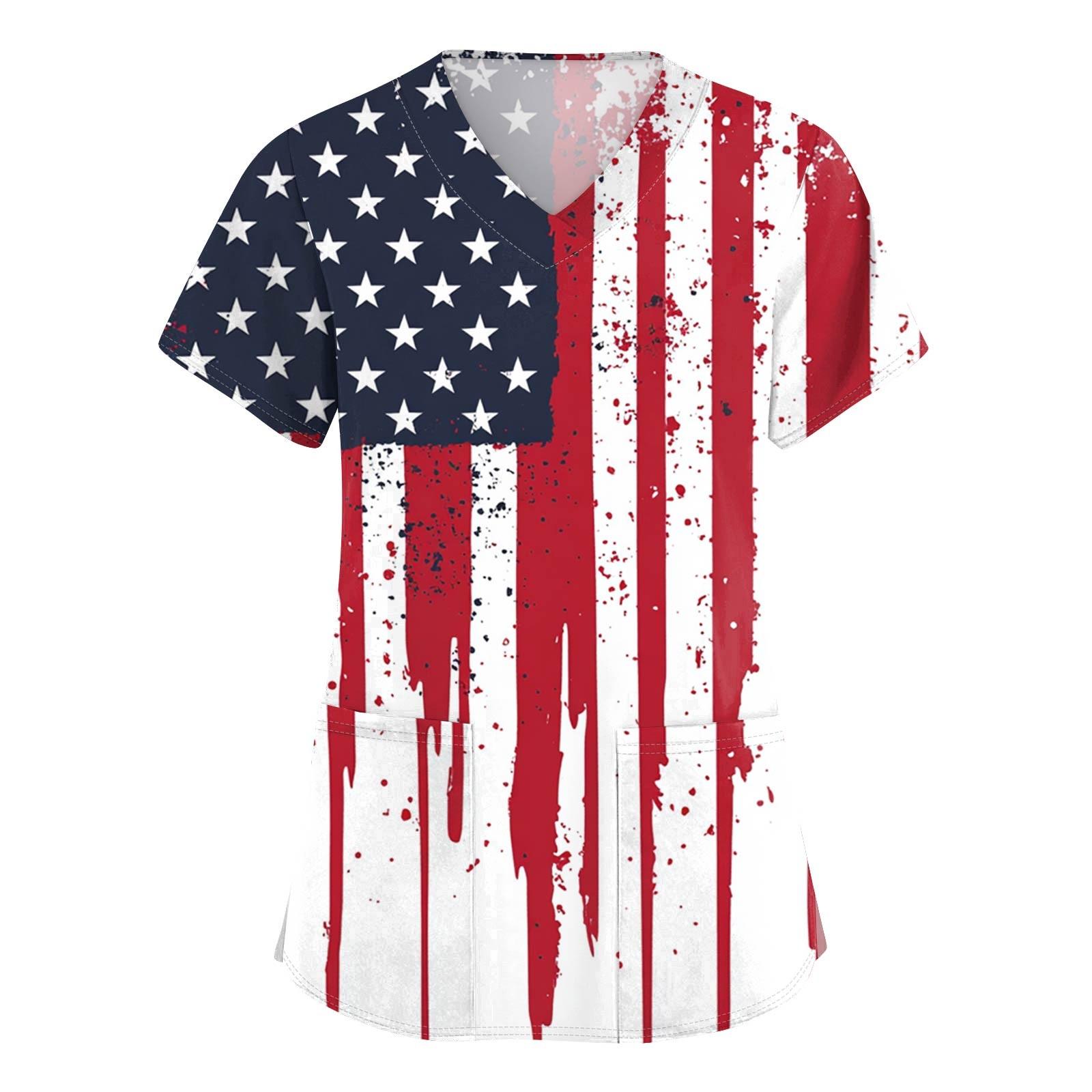 

Women s Short Sleeve Independence Day Printed V-Neck Pocket Workwear Top L винний