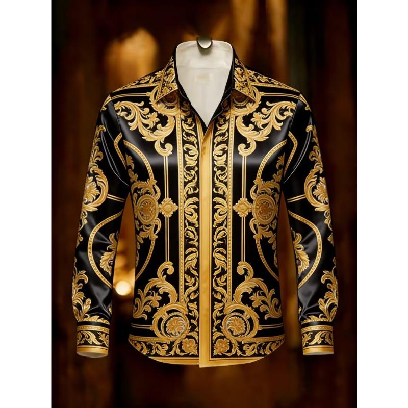 New Long Sword Black Wings Baroque 3D Printed Long Sleeve Shirt Smooth Satin Collar Men's Top Clothing