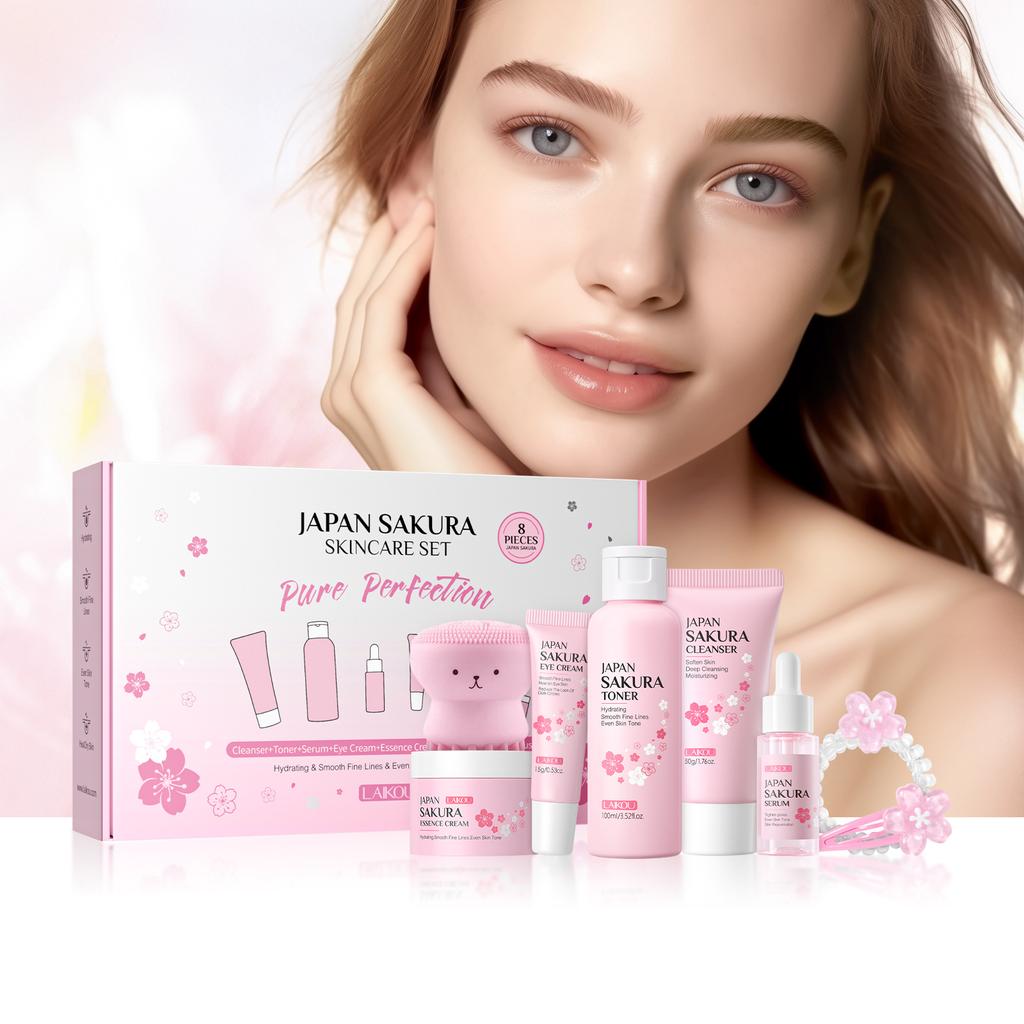 LAIKOU Coffret de soins Sakura 8 pièces – Cadeau d'anniversaire pour une peau éclatante