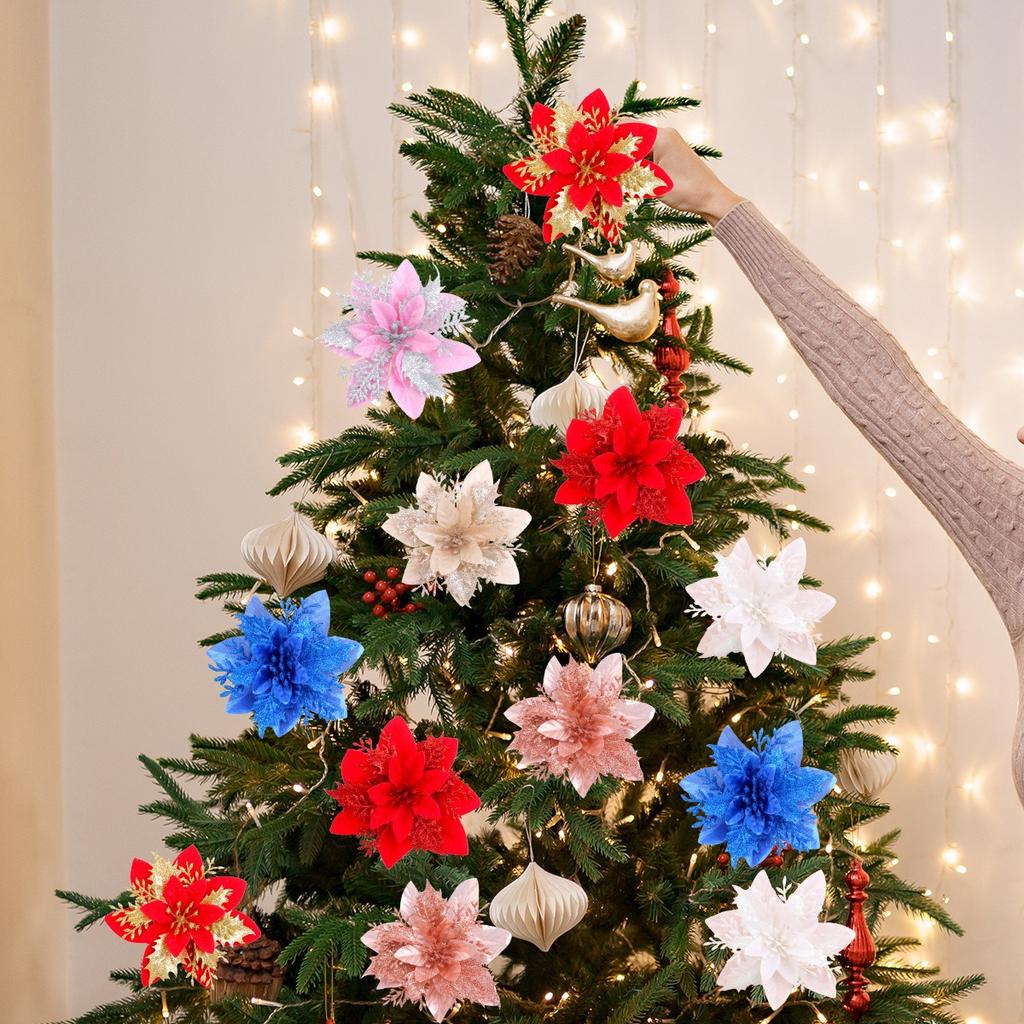 5/10Pcs 14.5cm Christmas Decoration Artifical Flower Ornaments Pink Red Gold Glitter Fake Flowers For Xmas Tree Home Decor