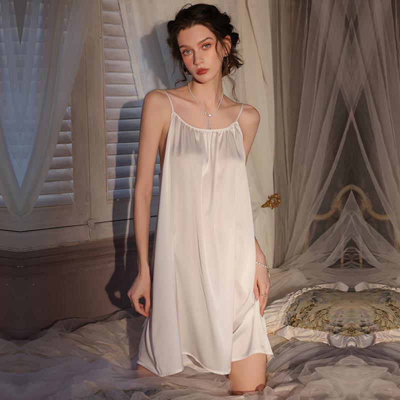 

Women’s Sexy Summer Ice Silk Camisole Nightgown Lightweight Silk Backless Sleep Dress Pure Style Loungewear XL білий