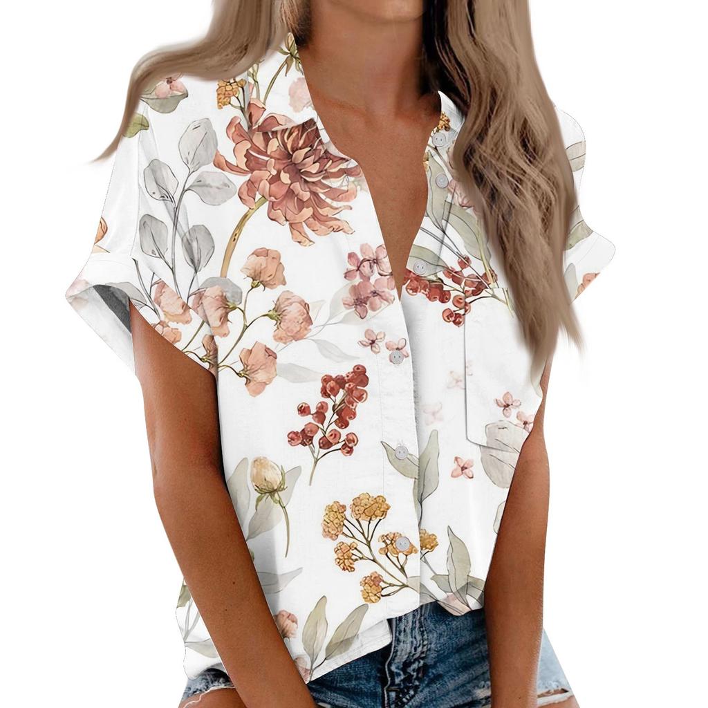 Women's Short Sleeved Shirt, Daily Fashion Printed Button Top, Chest Pocket Cardigan