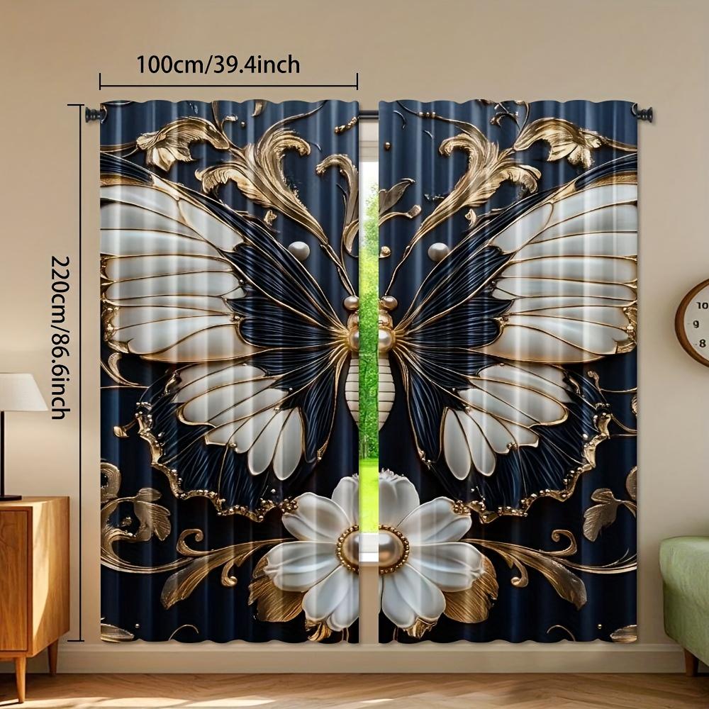 Set Of 2 Black White Curtain Panels Floral Butterfly Window Drapes Golden Accent Relief Design Semi Ligh Elegant Curtains Light Filtering Made