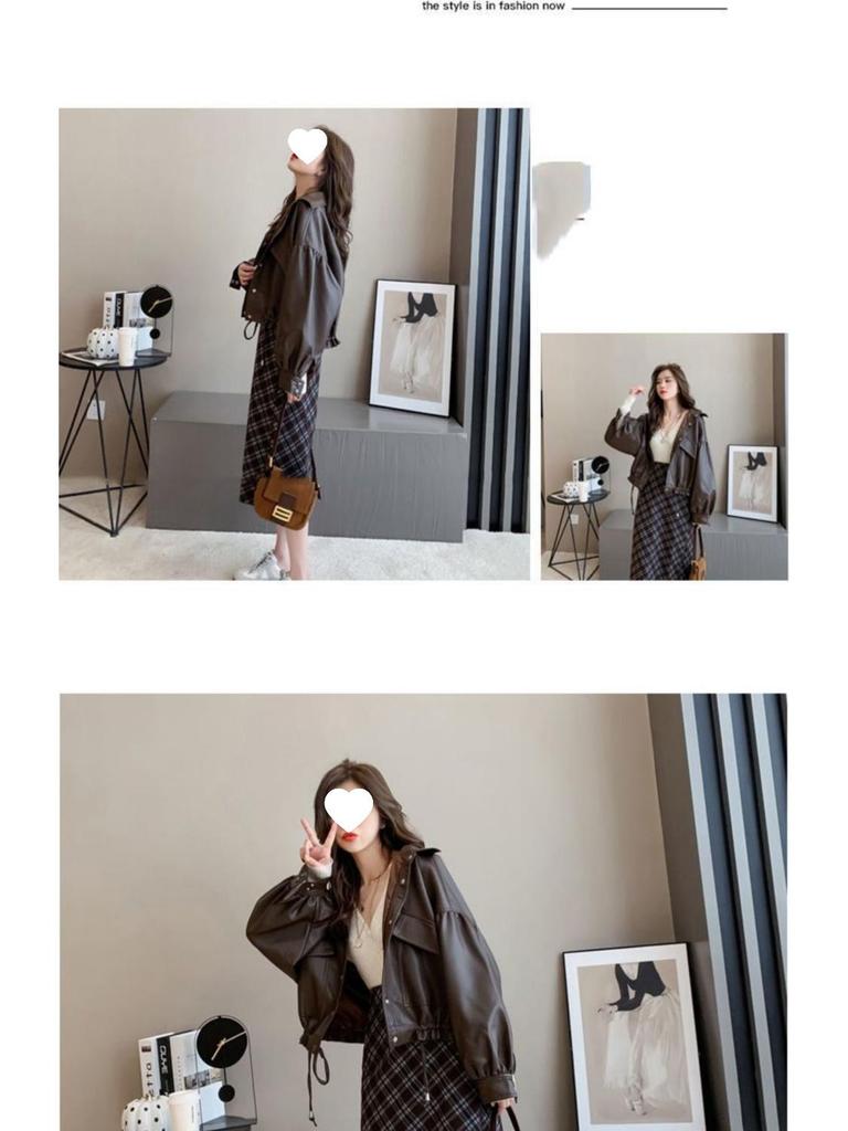 Women's Fashionable Loose Leather Motorcycle Jacket with Shirt Collar and Drawstring - Korean Style