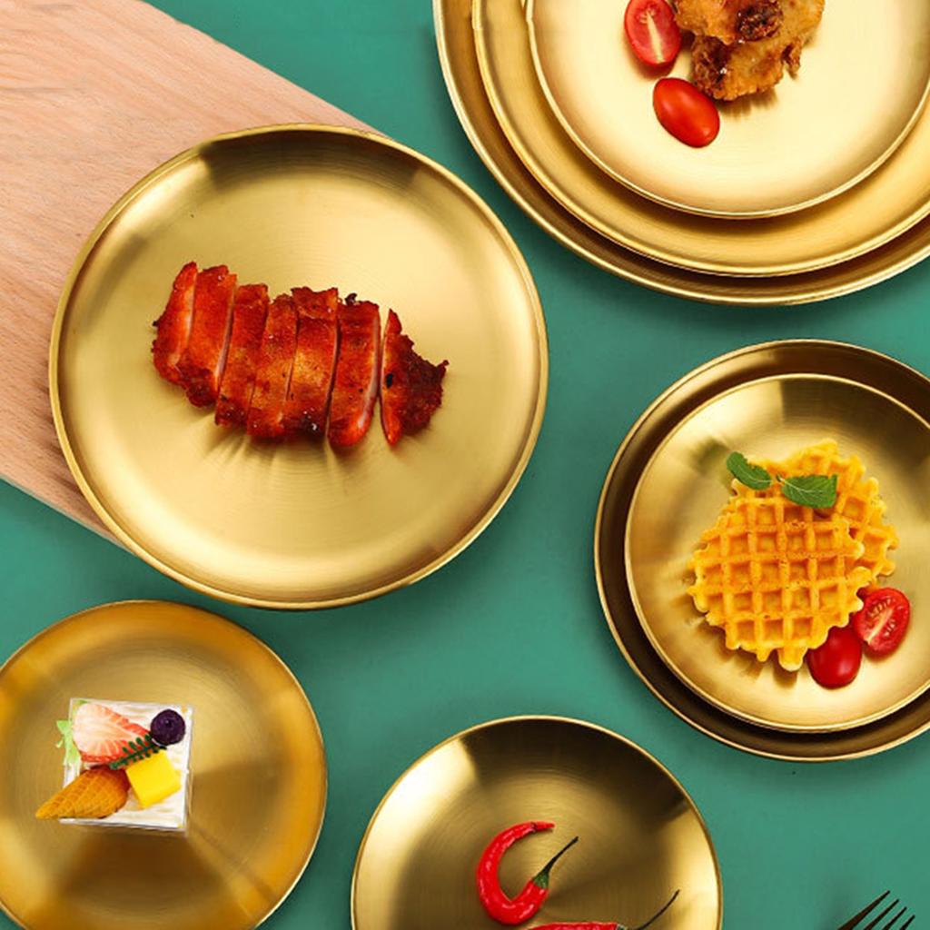 4-Piece Stainless Steel Dinner Plates Round Metal Plates Serving Tray Dessert Plates Dinner Dish for Home Camping  BBQ