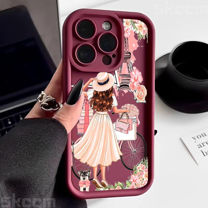 Pink Girl Flower Pattern Phone Case For iPhone 16 15 Pro Max 16E 14 13 12 11 XS X XR 7 8 Plus Shockproof Silicone Soft Cover