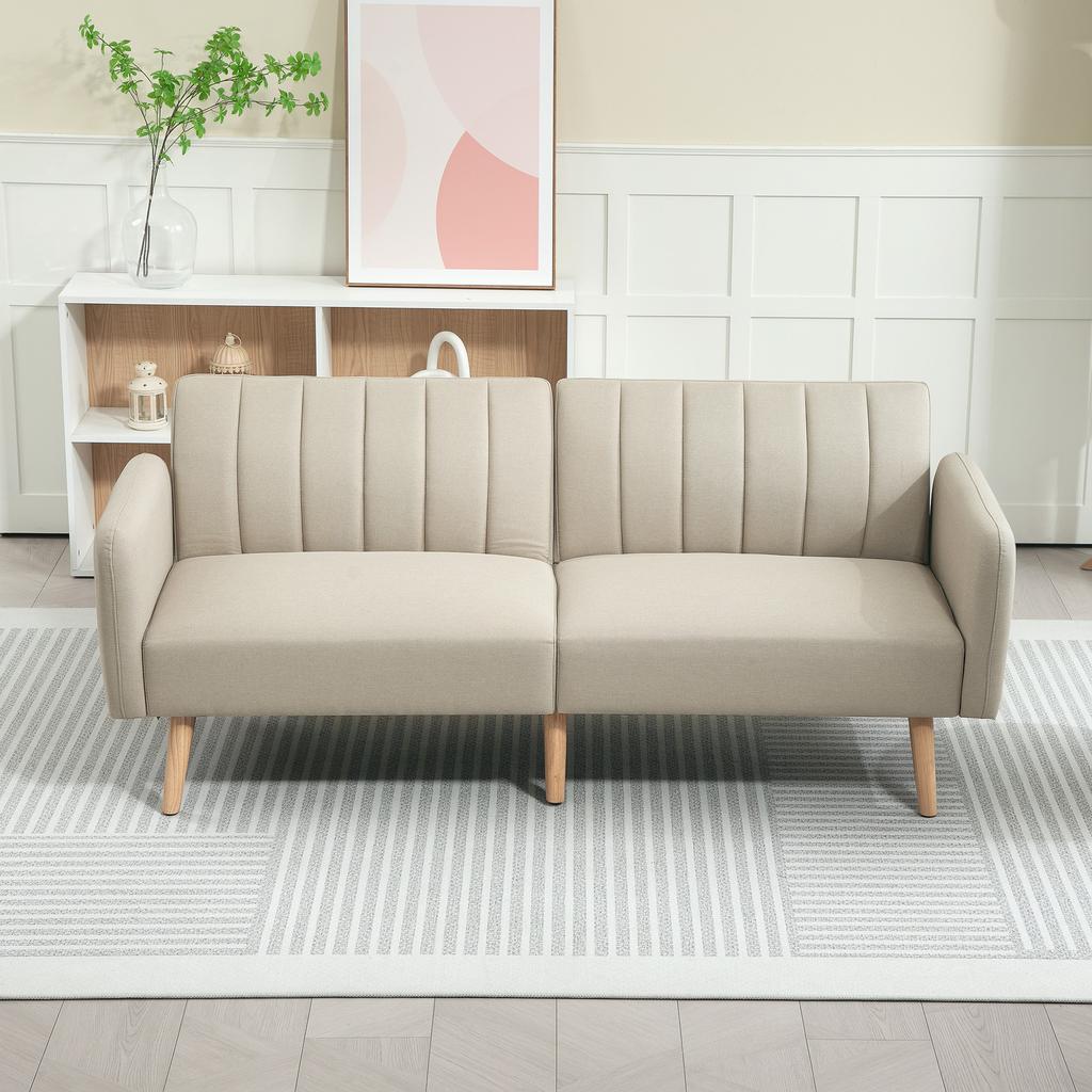 Scandinavian Design 2 Seater Convertible Sofa Reclining Backrest 3 Positions Wooden Legs Linen Look Fabric Beige