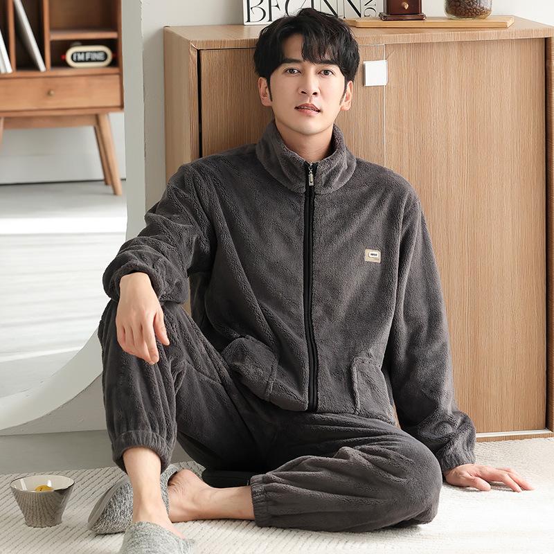Пижама мужская зимняя коралловый флис утолщенная мужская осенне-зимняя фланелевая зимняя большого размера комплект домашней одежды M