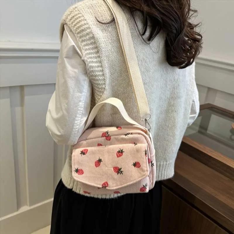 Cute Strawberry Printing Women’s Shoulder Bag Large Capacity Corduroy Hobos Crossbody Bag Female Shopping Work Date Party Bags
