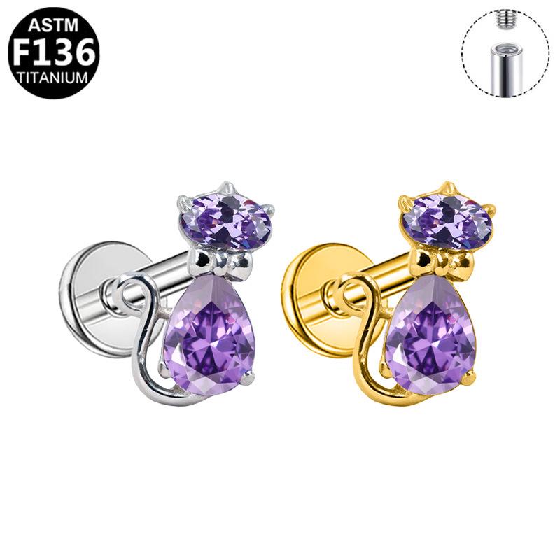 Herzförmiger Katzen-Ohrknochen-Stecker Piercing Schmuck mit lila Zirkon G23 Titan - Designer-Stil, Modisch, Schlicht.
