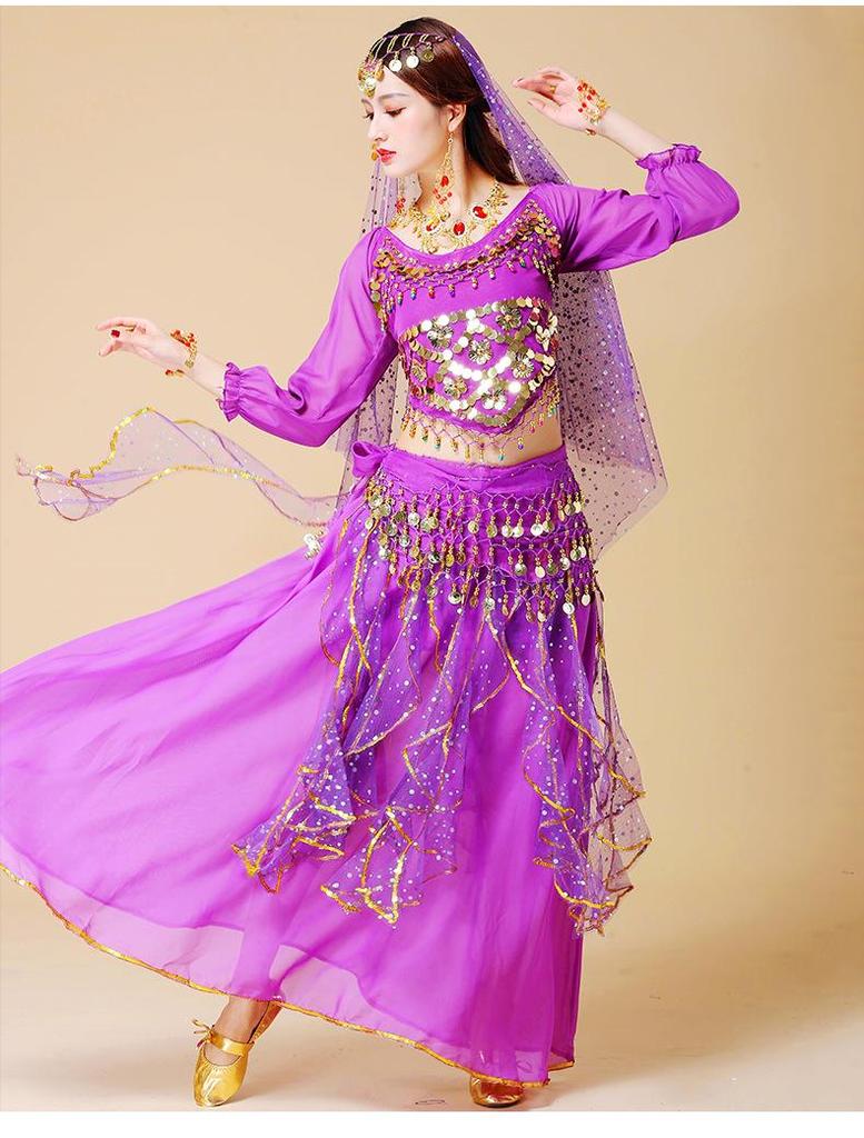 Women's Long Sleeve Indian Belly Dance Performance Costume with Short Sleeve Long Skirt